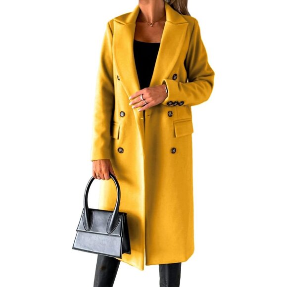 💫 Women Yellow Long Wool Coat Double Breasted Fall Winter Clothes Trench Coat - Picture 1 of 4